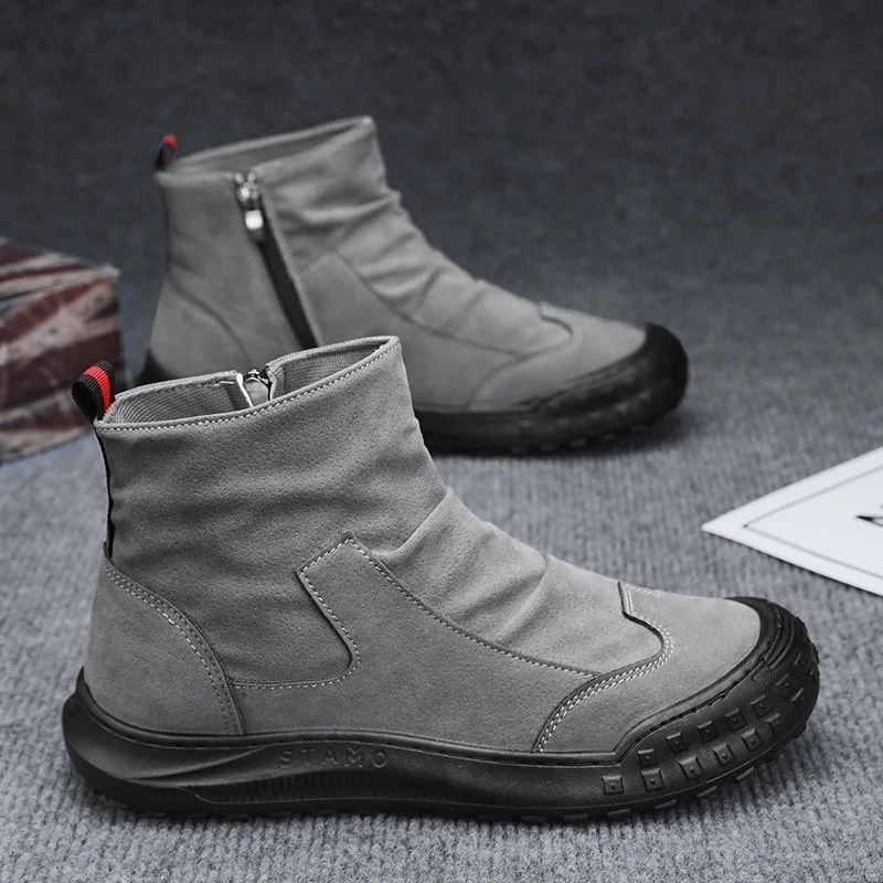 

2025 New Mens Boots High Cut Workwear Shoes Autumn Flat Zipper Pleated Non Slip Comfort Thick Soled Wear-resistant Fashion Boots