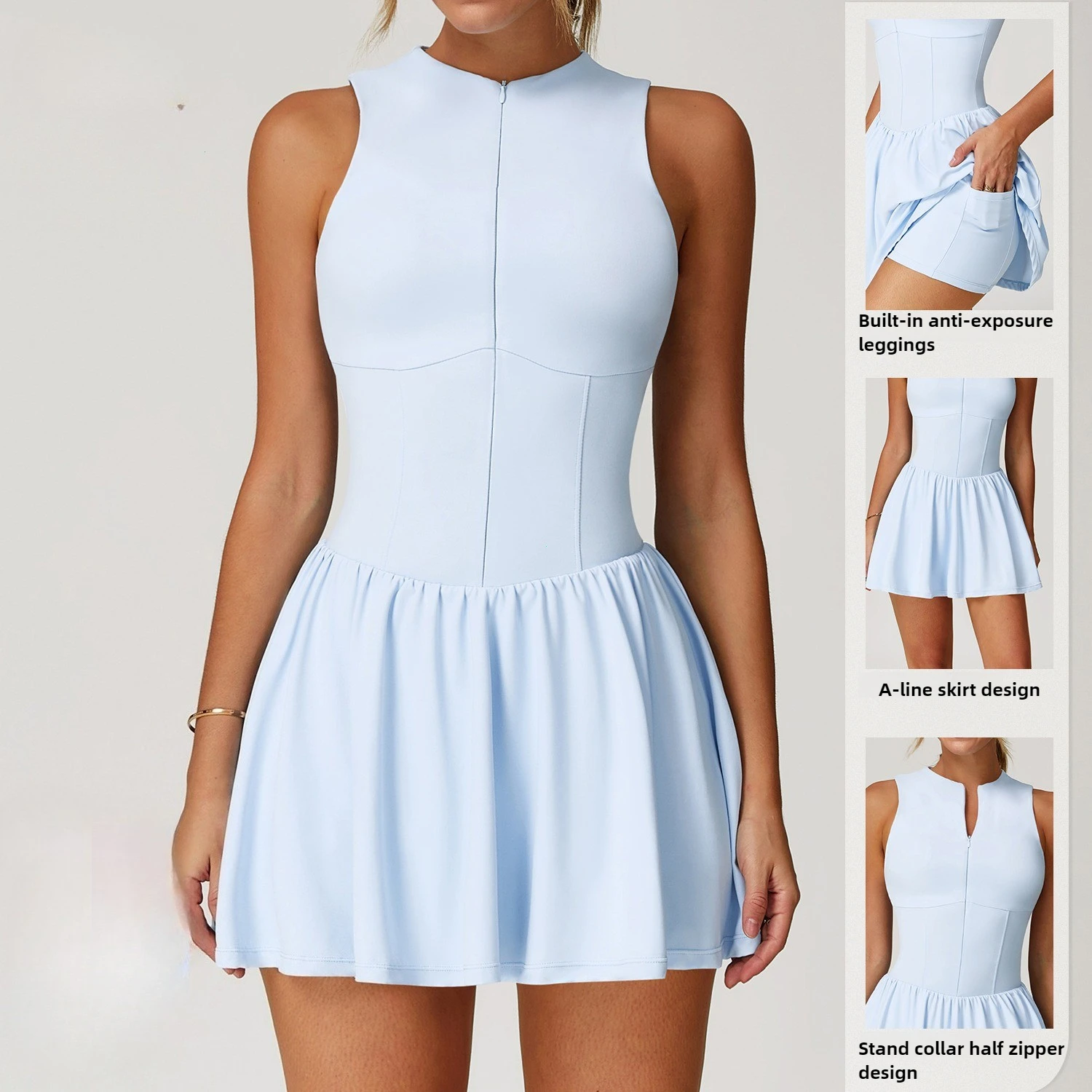 بدلة يوجا للصالة الرياضية للنساء، تنورة تنس رياضية للياقة البدنية، ياقة واقفة، مضادة للضوء، ملابس جولف كرة الريشة، ملابس كاجوال للياقة البدنية