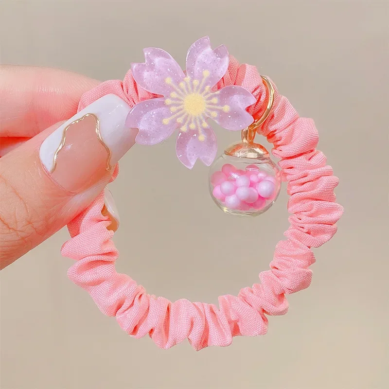 Pink Cherry Blossom Hair Rope Sweet Flower Hair Ring Acrylic Fabric Elastic Scrunchies Fashion Jewelry Hair Accessories for Girl