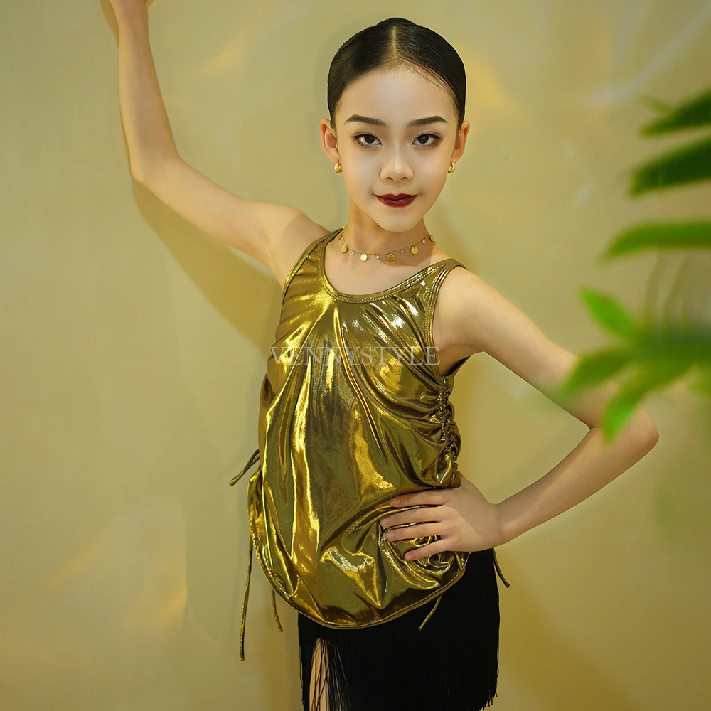 

Vennystyle Latin Dance Set Women Foil Print Top & Fringe Skirt Ballroom Practice Outfit Minimalist Training Wear Kids latin
