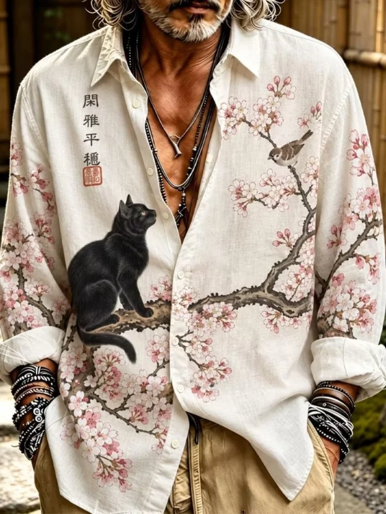 Men's shirt new art printed long sleeved shirt cherry blossom black cat bird pattern casual men's shirt comfortable fabric
