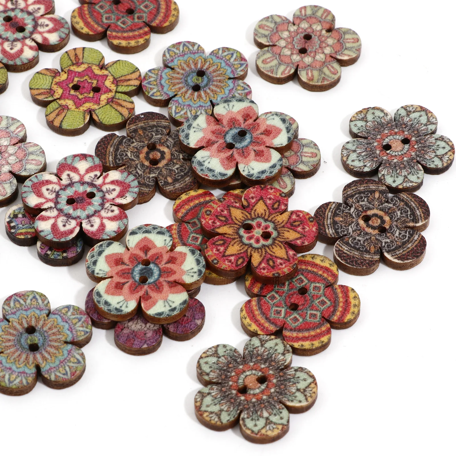 50 PCs Wood Ethnic Sewing Buttons Scrapbooking 2 Holes Flower At Random Color for Handwork Sewing Clothing Button DIY Crafts