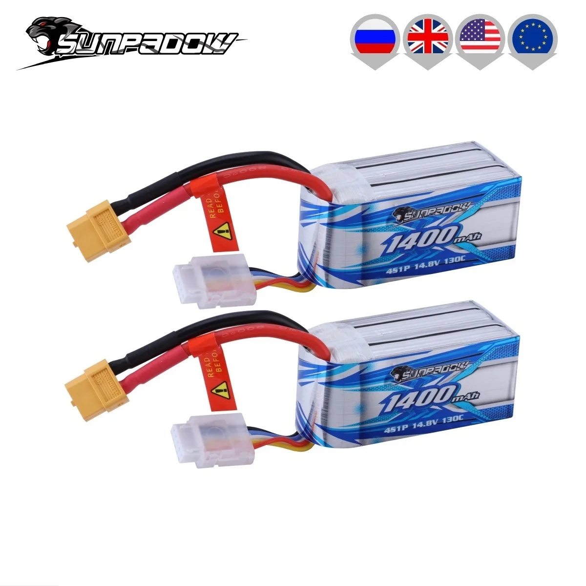 Sunpadow 4S Lipo Battery for 14.8V 1400mAh 130C Soft Pack with XT60 Plug for RC FPV Quadcopter Drone Airplane Helicopter 2 Count