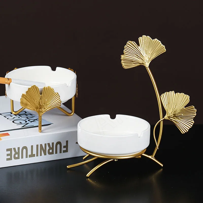 Modern Ceramic Ashtray Ginkgo Leaf Gold Plating Process Soot Storage Box Living Room Coffee Table A Shtray Home Decoration