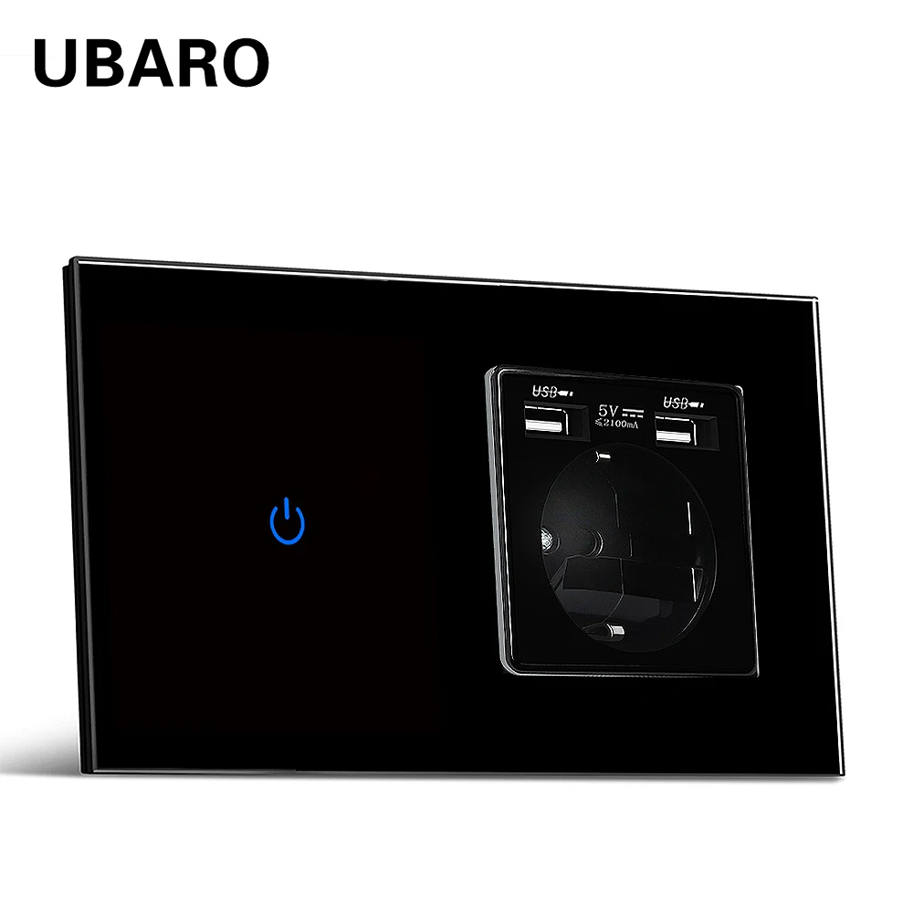 UBARO EU UK Standard Tempered Crystal Glass Sensor Button Wall Panel Light Touch Switch With USB Socket Electrical Power Outlet