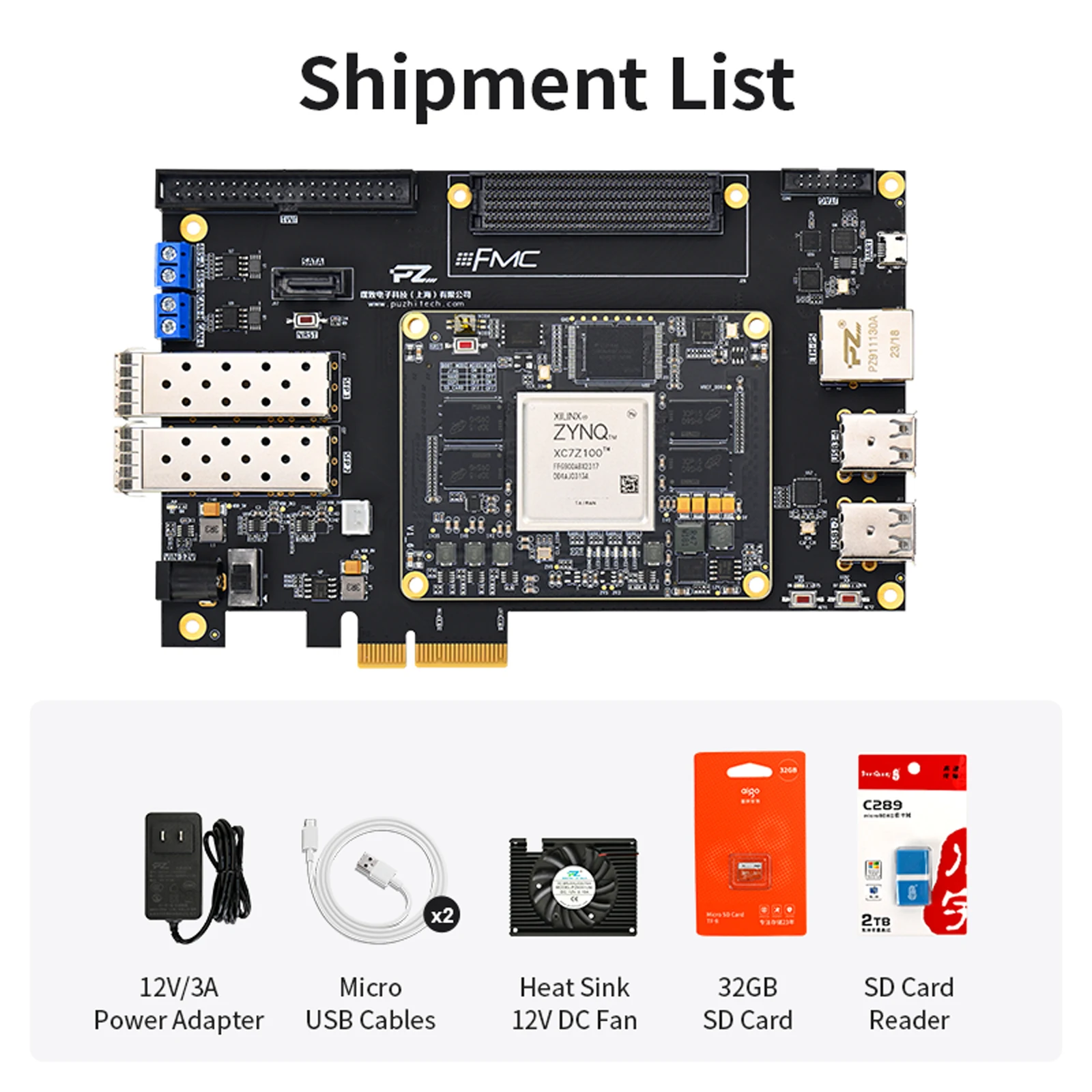 Puzhi PZ7035 PZ7045 PZ7100-FH Placa de desarrollo FPGA Xilinx ZYNQ7000 XC7Z035 XC7Z045 XC7Z100 Kit de evaluación FMC PCIE USB