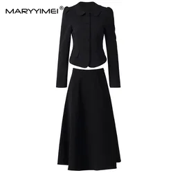 MARYYIMEI New Fashion Runway Designer Women's Commuter Single-Breasted Lapel Puffy Sleeve Short Top+A-Line Skirt 2-Piece Set