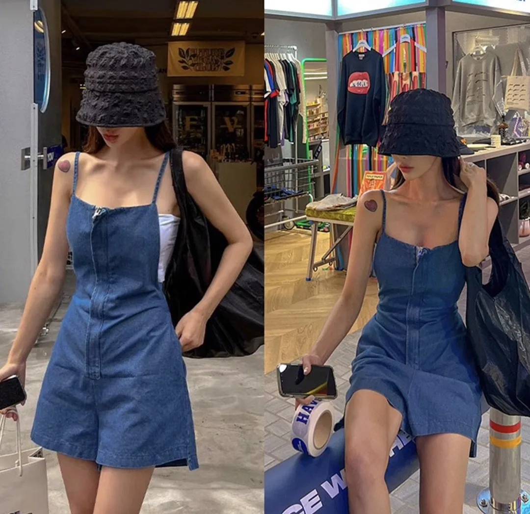 

Retro Zipper Ba Strap Denim Jumpsuit Women's Slimming Waist ter Ne ort Pants Trendy Cotton Casual Pants