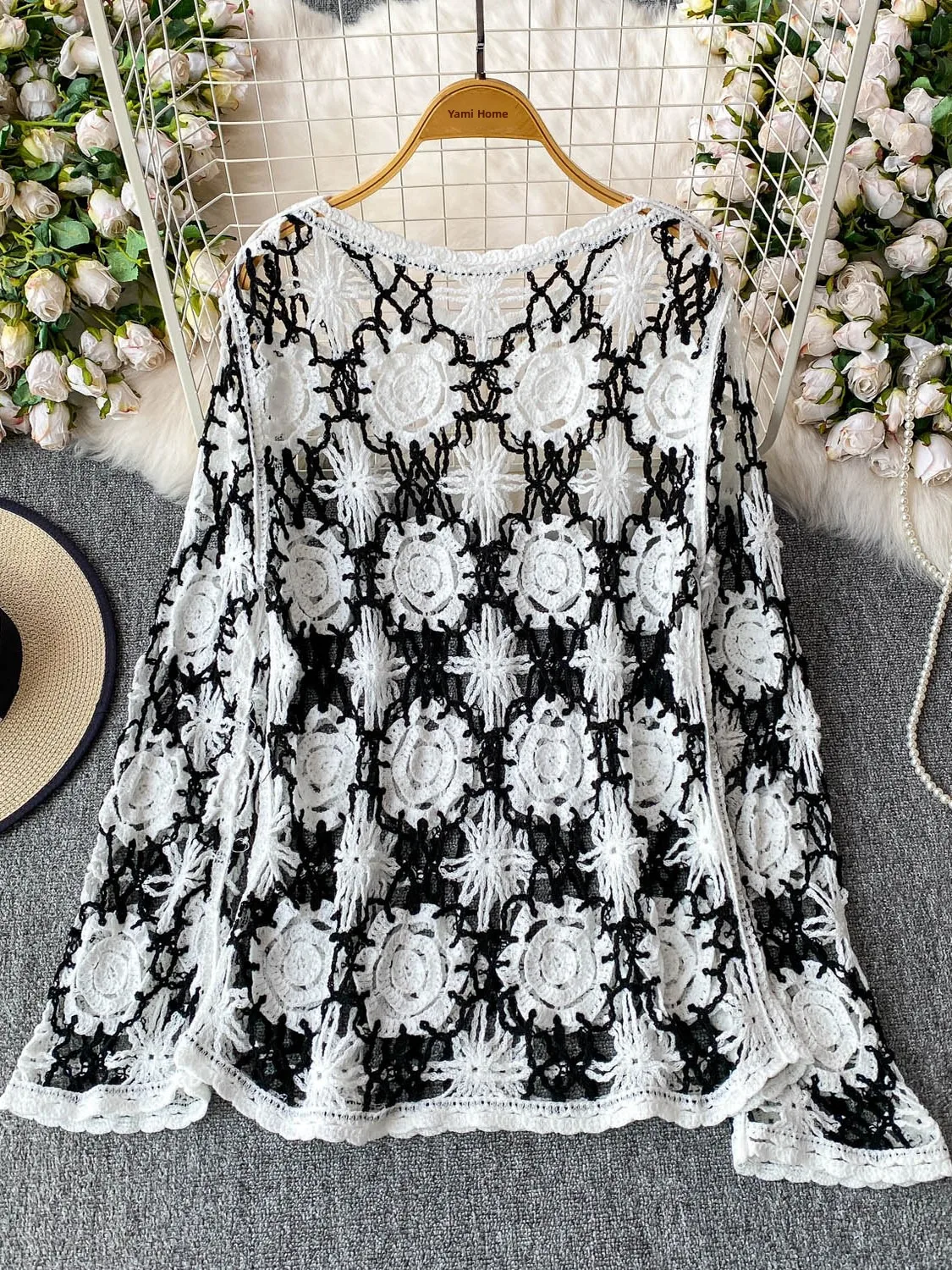 Top de punto hoado estilo bohemio para mujer, con mangas acampanadas, diseño calado, para verano, actividades al aire libre...