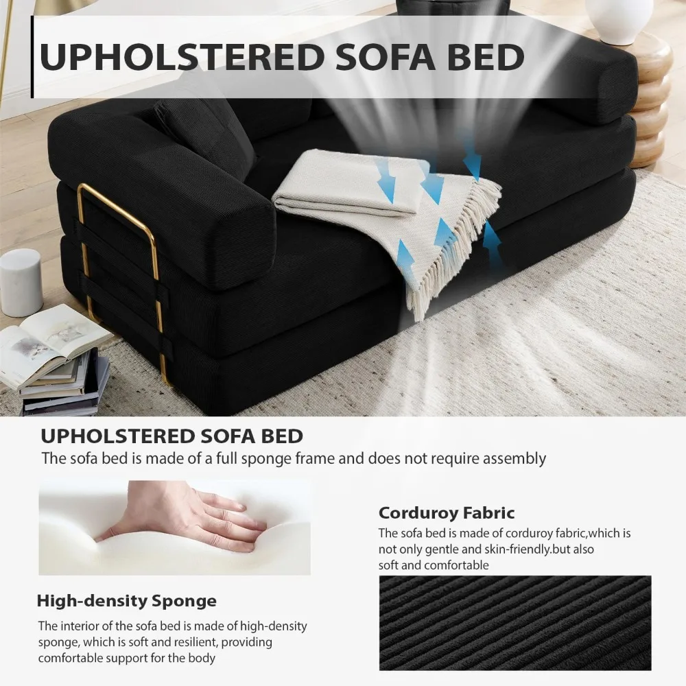 أريكة سرير قابلة للتحويل مقاس 78 بوصة، نائمة قابلة للطي مع سرير قابل للسحب، قماش سروال قصير، أريكة بإطار ثابت