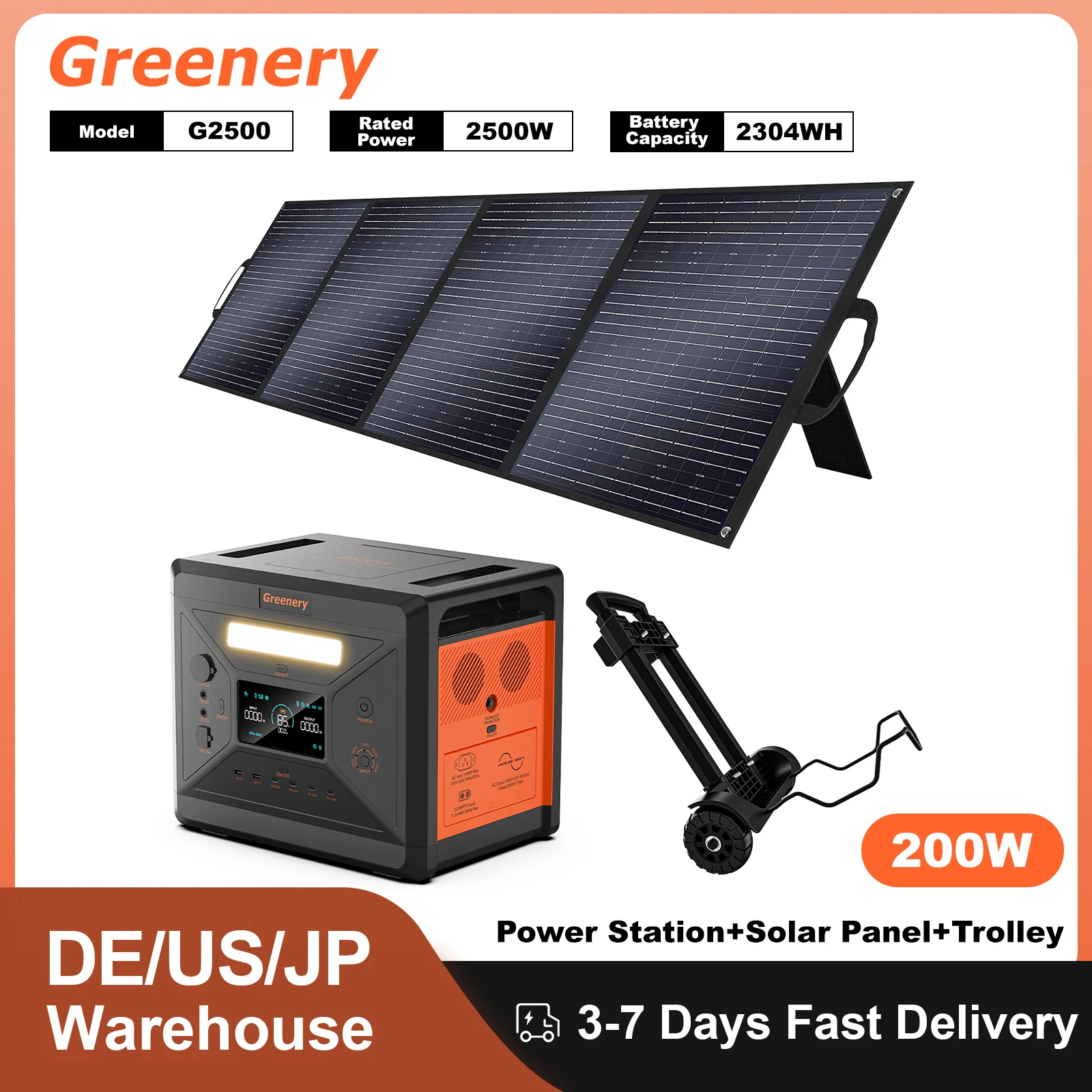 

Greenery BMS Protection Powerstation G2500 Generator Set AC Output External Battery Solar Panel With Hand Trolley for Camping
