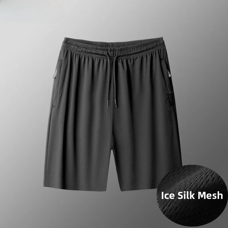 سروال رجالي سريع الجفاف من الحرير الجليدي المرن بطول الساق، شورت صيفي رقيق فوق الركبة، سروال فضفاض للرياضة بمقاسات كبيرة
