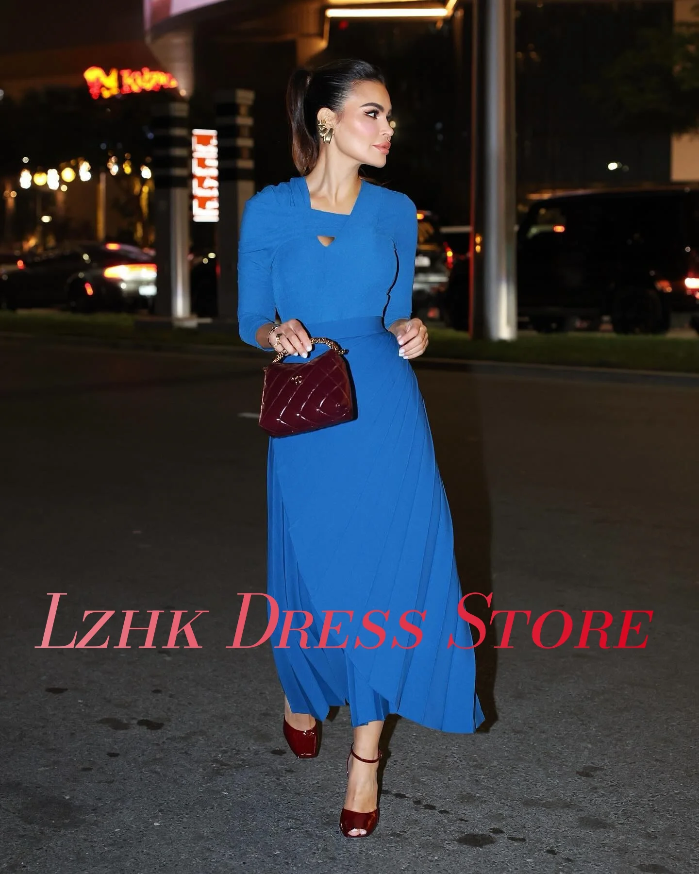 Gaun Malam A-Line Jersey Temperamen Khusus Lengan Panjang Halus Leher V Panjang Mata Kaki فستان سهرة نسائي