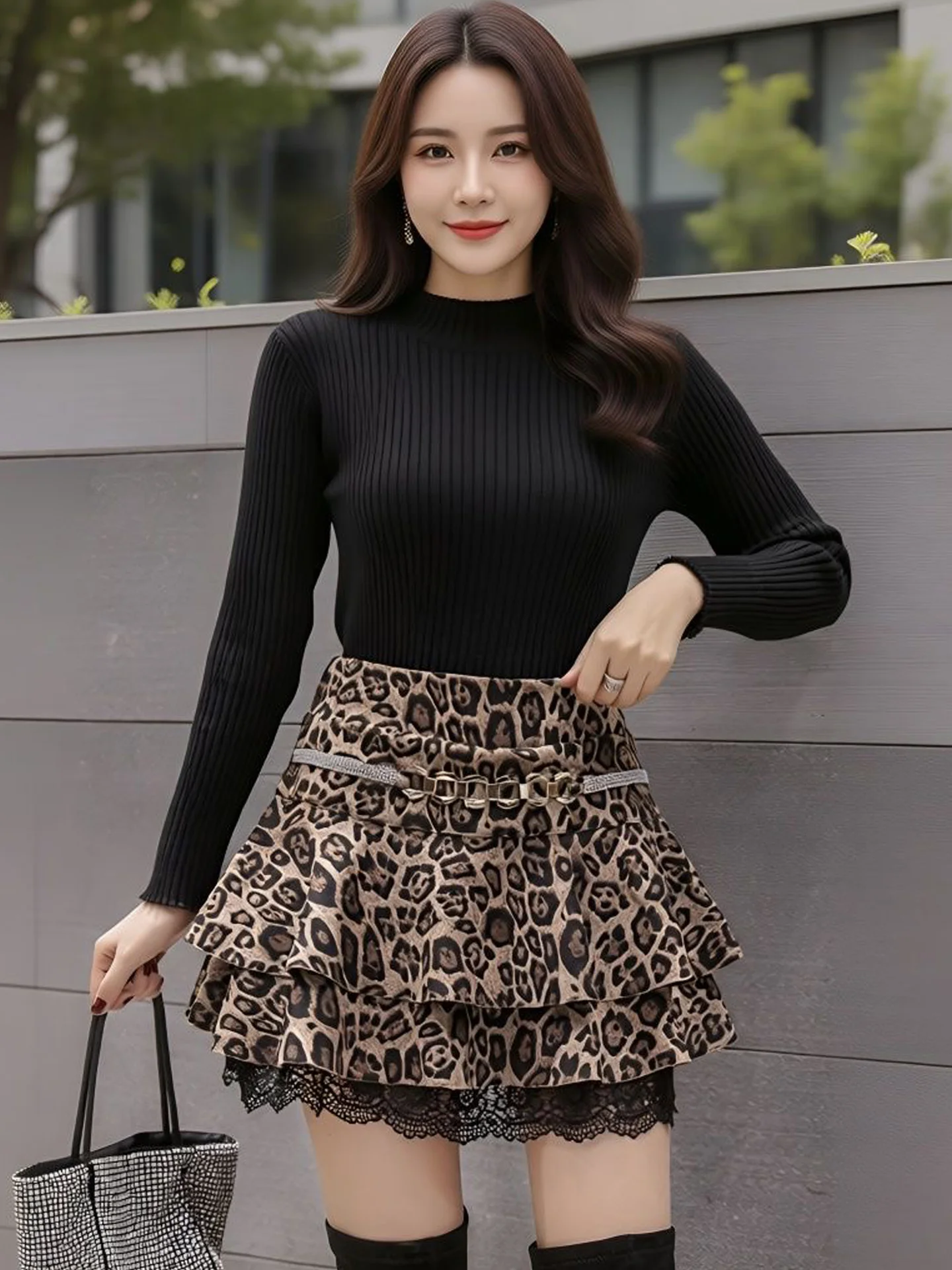 High Waist Lace Splice Half Body Skirt Women's Style Korean A-Line Cake Short Skirt Leopard Print Design Sensual Slim Fit