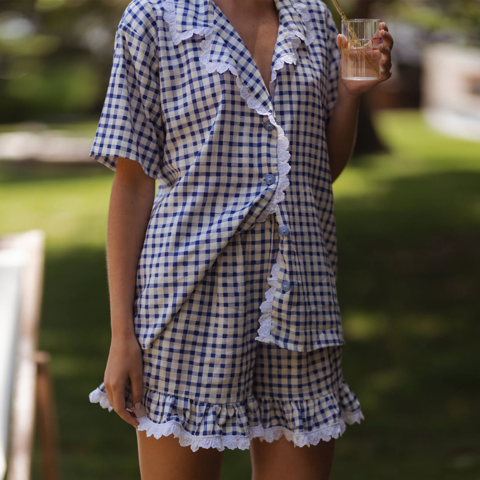 HEZIOWYUN Women\'s Y2K 2Piece Pajamas Set Loungewear Strawberry/Plaid Print Short Sleeve Lapel Tops +Ruffled Hem Shorts Sleepwear
