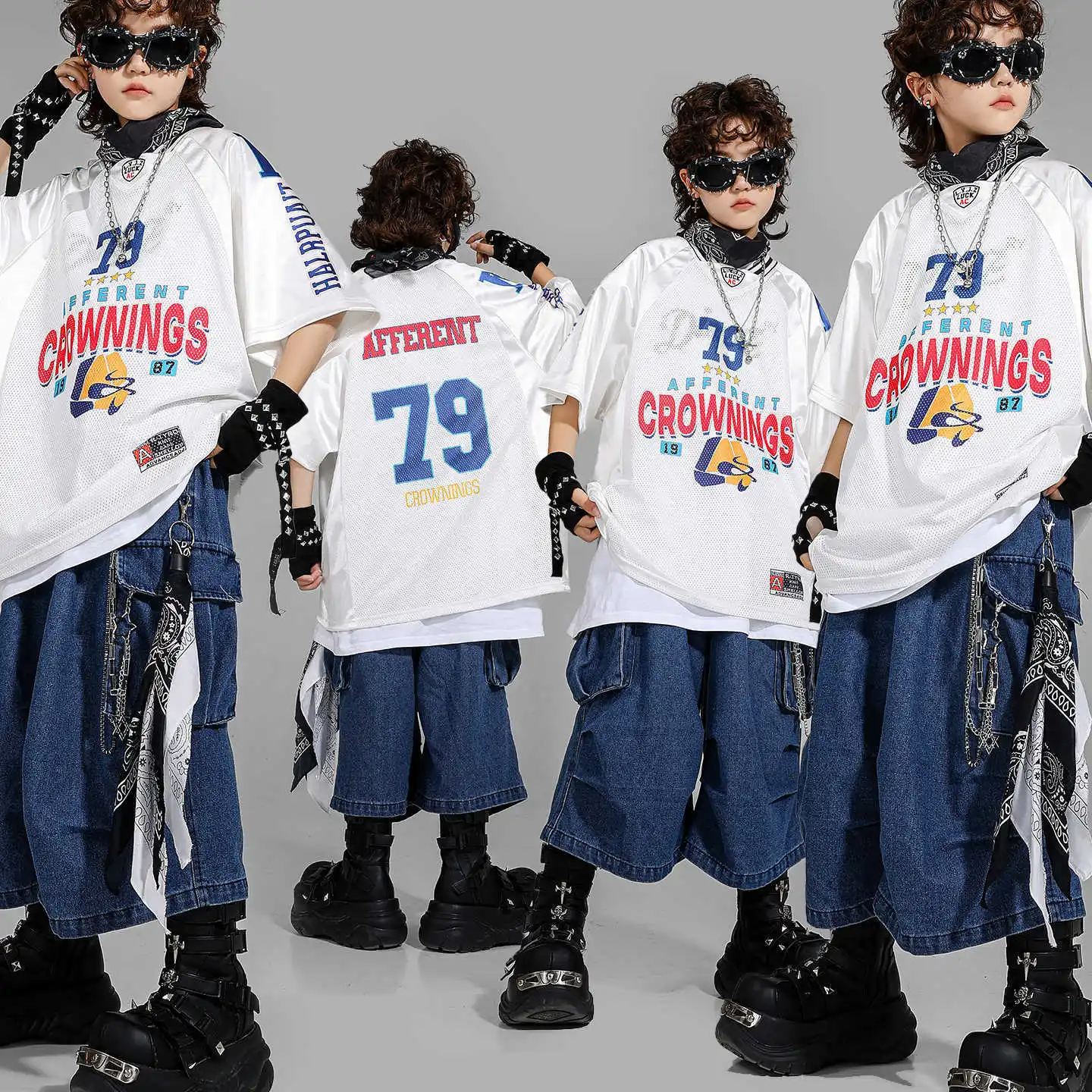

Kid Kpop Hip Hop Clothing White Net Jersey T Shirt Denim Blue Casual Parachute Jeans Shorts for Girl Boy Dance Costumes Clothes