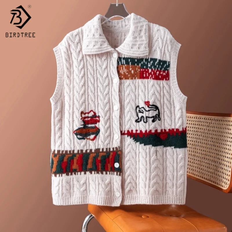 

Birdtree,100% Sheep Wool Knitted Vest,Women Polo Embroidery Single Breasted Soft Tops,2025 Autumn/Winter Warmth Vests T5N105JF