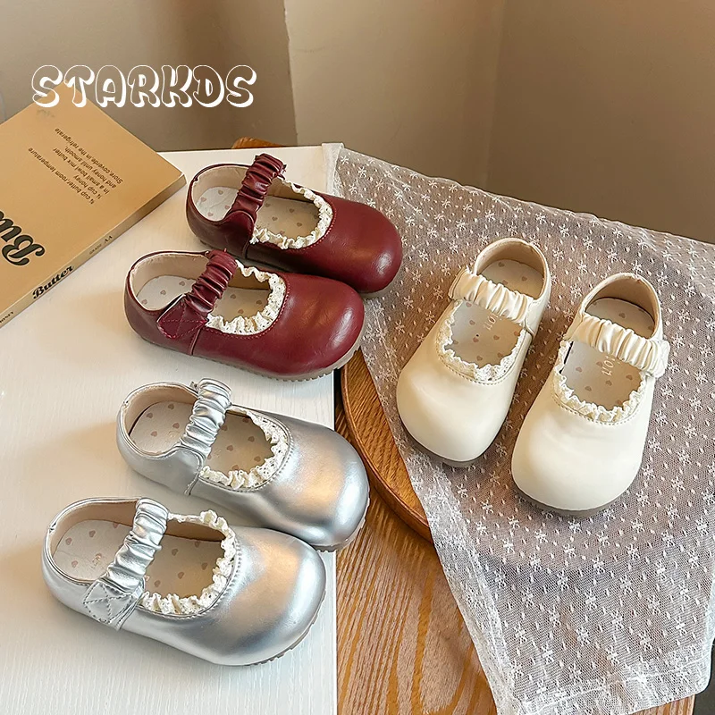 Delicate Lace Trim Leather Mary Jane Shoes Kid Girl Retro Round Toe Elastic Band Ballet Flats Baby Child Versatile Basic Zapatos