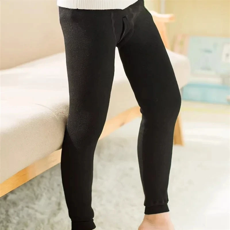 Winter Boys Solid Color Leggings Plush Thicken Seamless Integrated Warmth Pant Simple Style Children\'s High Elasticity Warm Pant