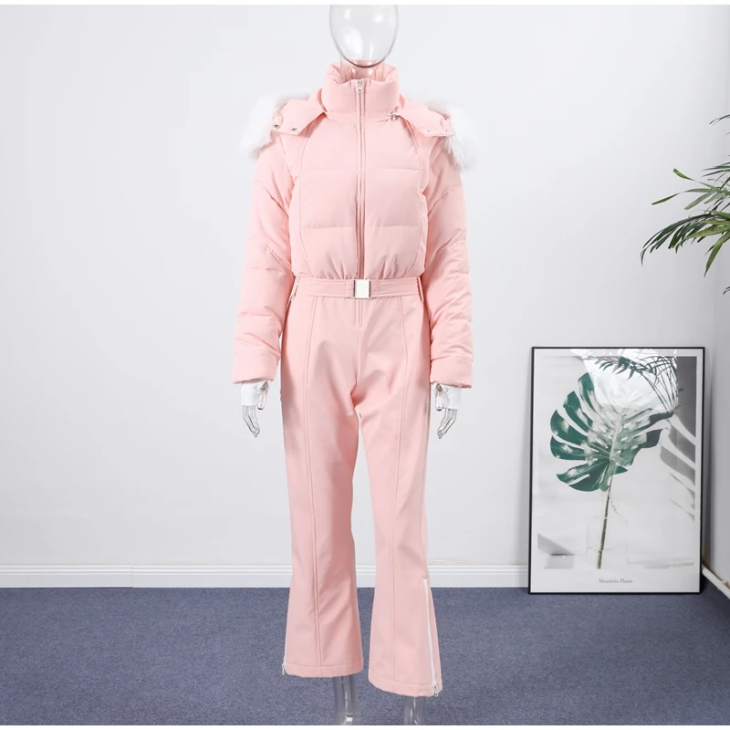 Einteiliger Skianzug mit Kapuze, Pelzkragen, Reißverschluss und Gürtel, neue Damen-Winterkleidung