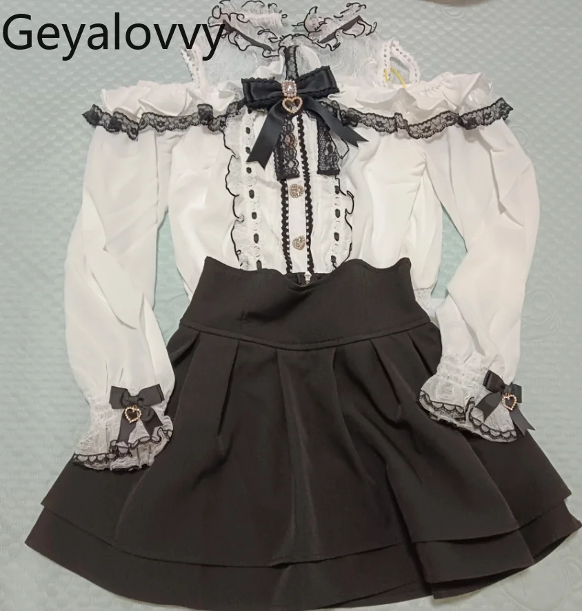 

Лидер продаж, осенняя новая классическая блузка с открытыми плечами и бантом, милая рубашка в японском стиле Лолиты для девочек, универсальные топы с длинными рукавами