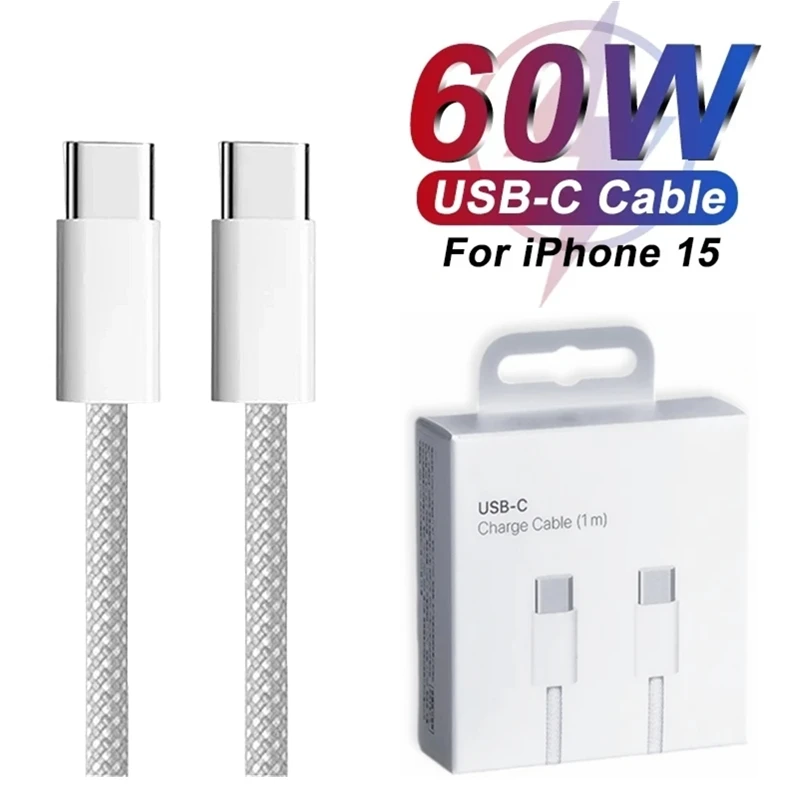Dual USB-C PD 60W Braided Cable for iPhone 16 Plus 15 Pro Max Samsung Xiaomi Huawei Fast Charging Type C to USB C Charger Cable