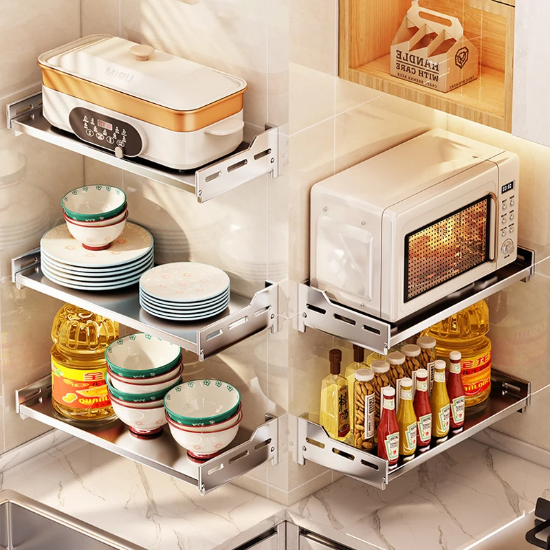 

Wall-mounted Kitchen Storage Shelf Stainless steel Organizer Shelf No Drill Countertop Microwave Oven Rack Spice Rack Support