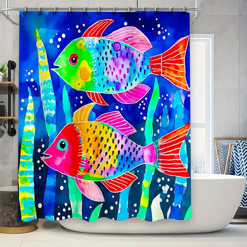 

Bright Underwater World Shower Curtain 3D Printed Fish Design for Bathroom Decor – Waterproof Fabric with Hooks Included (205x18