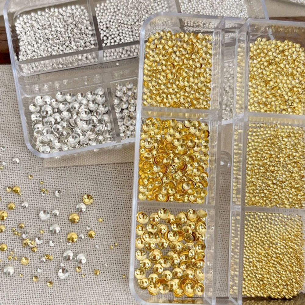 3400pcs 0.8-3mm Flat Back Round Micro Manicure Beads Size Mixed Nail Beads Half Round Rivets Silver Gold for DIY Y2K Charms