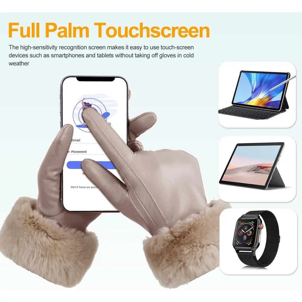 Women's Rabbit Fur Cuff Leather Gloves with Touchscreen for Warm Winter Driving in Multicolor