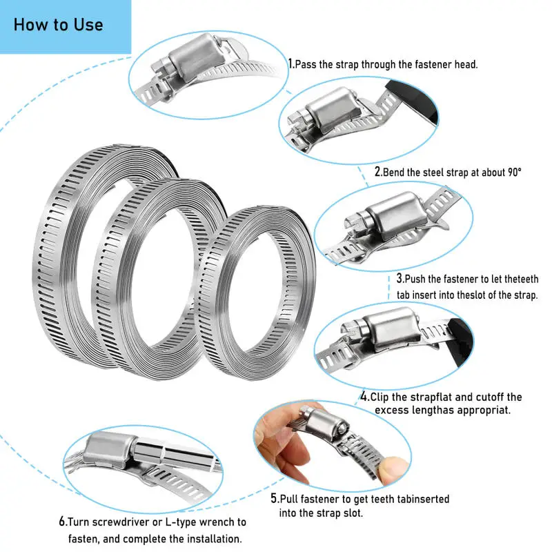 Stainles Steel Hose Clamp 3-10meters Adjustable Worm Drive Clamp 8-12pcs for Automotive Pipe Fuel Water Line Fixing Accessories