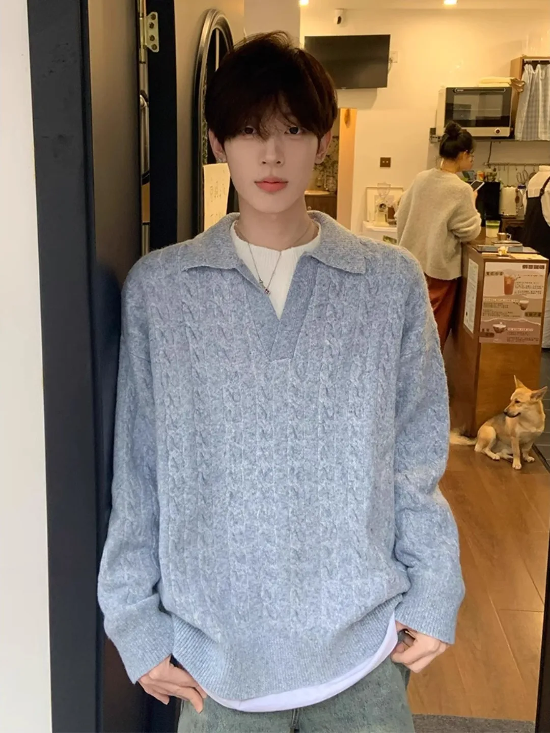 

Loose Fit Men's Knitted Sweater with Ostrich Collar Twist Design Base Layer irt Casual Sle Autumn Faion Outerwear