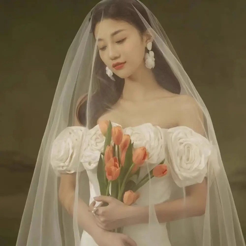 New Single Layer Bridal Veil White Long Women's Tulle Simple Elegant Wedding Veil image 3