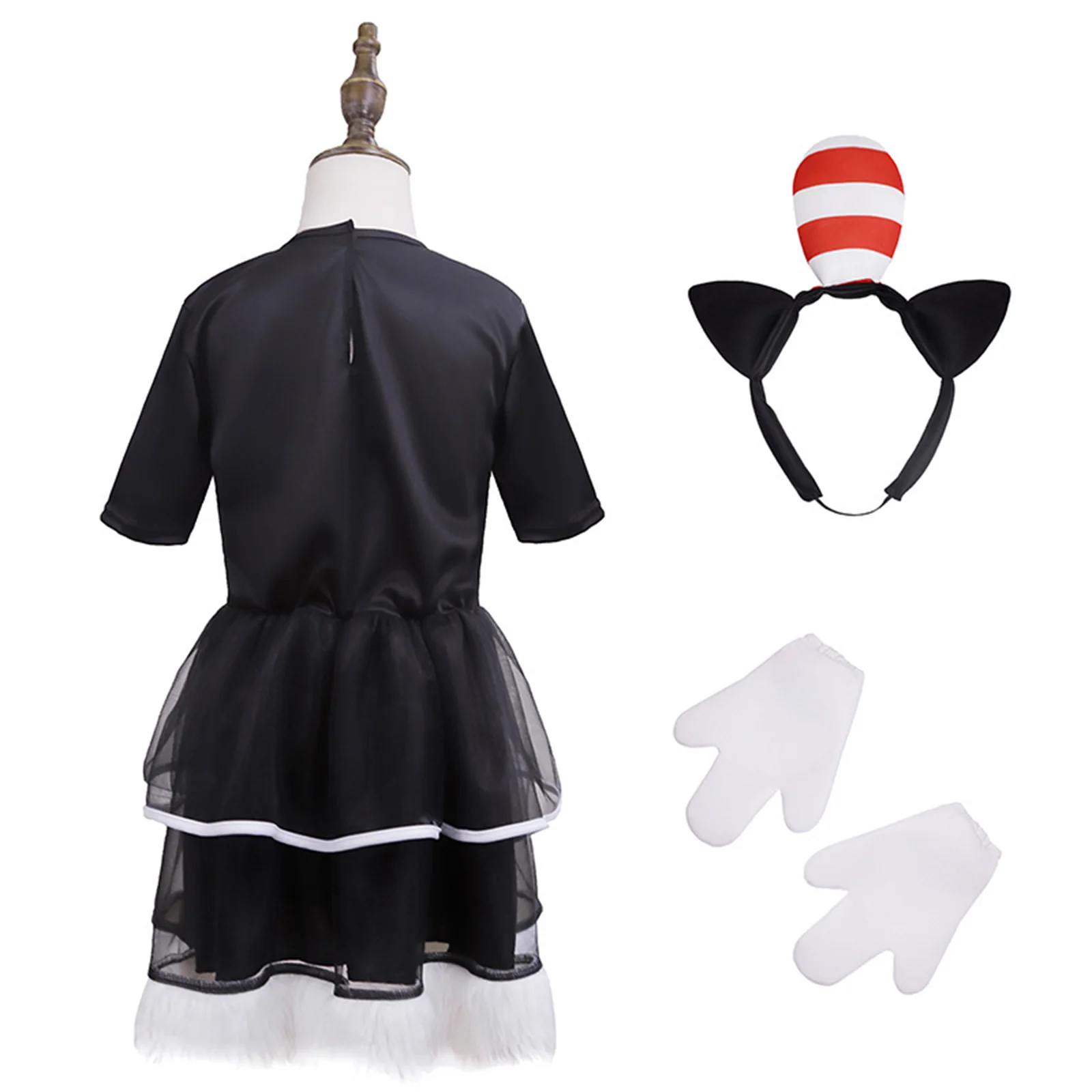 Kids Cat in the Hat Costume Top Hats Outfit Halloween Character Cosplay Jumpsuit Gloves Accessory Kit Dr. Seuss Dress Up Suit