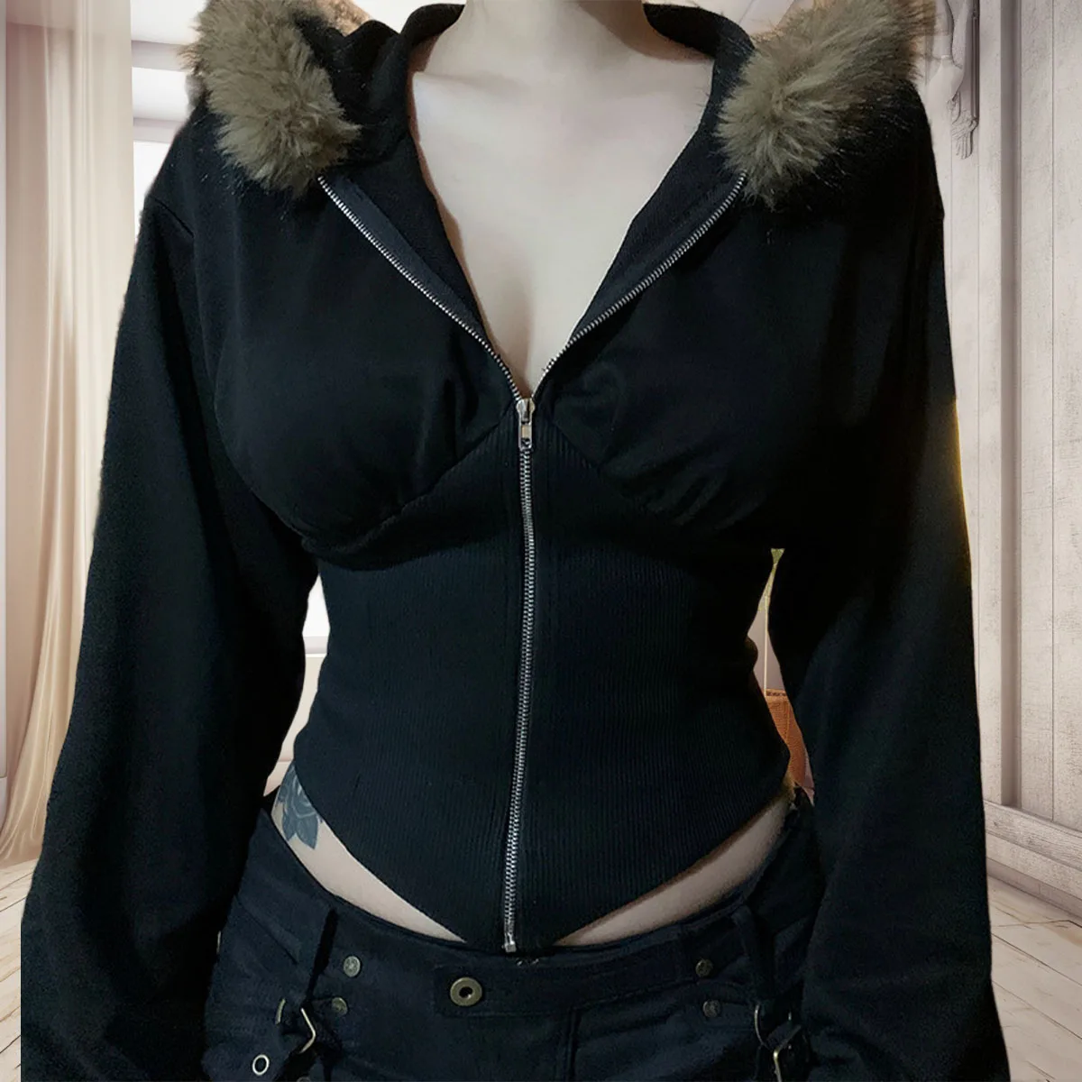 

Gothic-style solid hooded jacket for women, spring/autumn faux fur collar slim-fit waist belt zip-up coat
