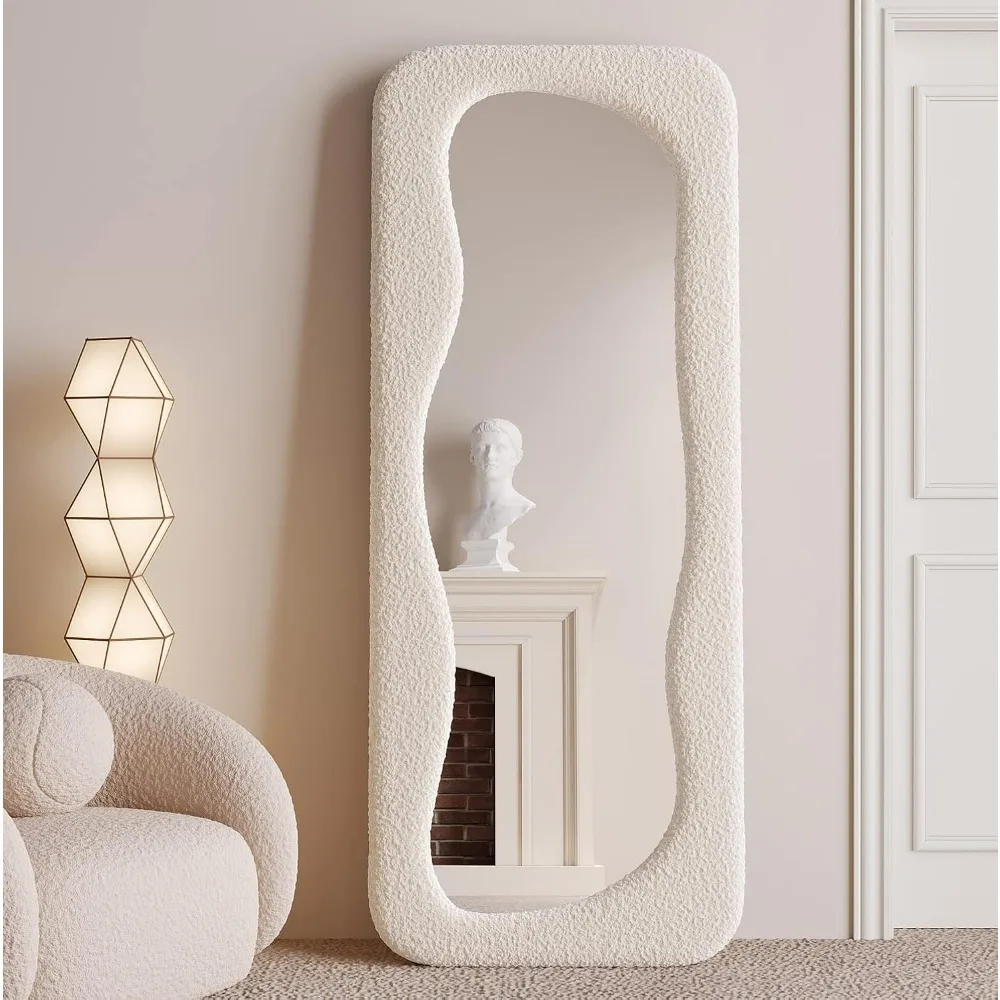 

Full Length Mirror 63"x24", Irregular Wavy Mirror, Wave Arched, Flannel Wrapped Wooden Frame Mirror-White for Bedroom