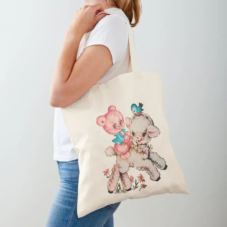 

Vintage Kawaii Kitsch Bear Lamb Rushton Meyercord Decal Tote Bag tote bags aesthetic Cloth bag women bag canvas tote