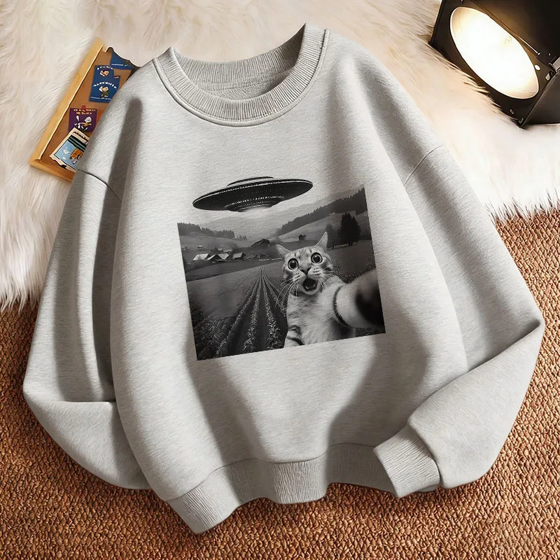 Retro UFO and Cat Pattern Print Children's Sweatshirt Pullover Spring Crew Neck Graphic Casual Print Hoodie Boy Girl Kids Hoody