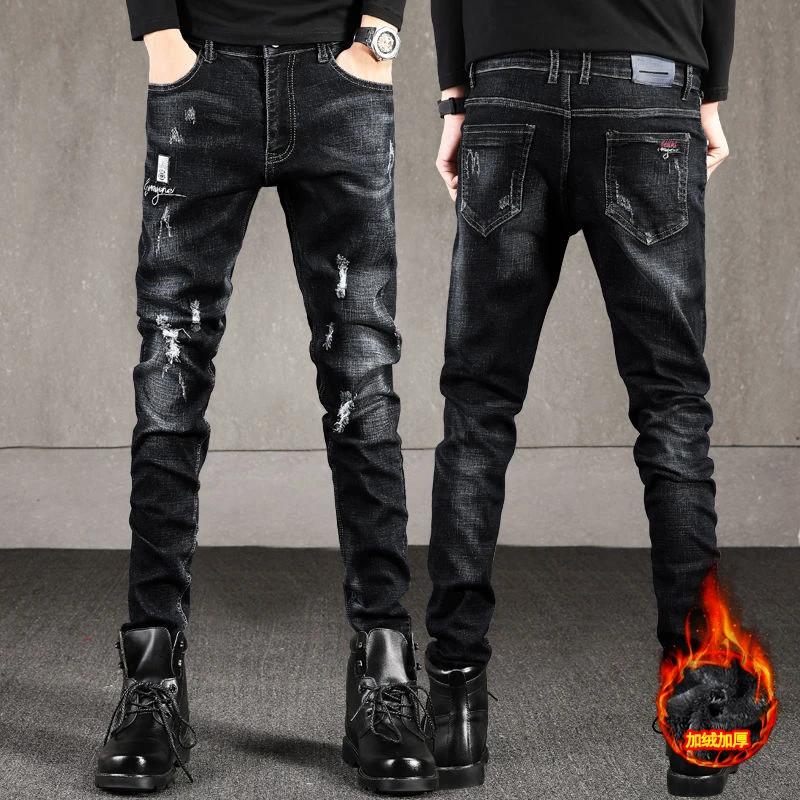 

Men's Fce Lined Thiened Large Size Jeans Elastic Slim Fit Korean Sle Trendy Jeans Casual Wear Youth Waed Denim