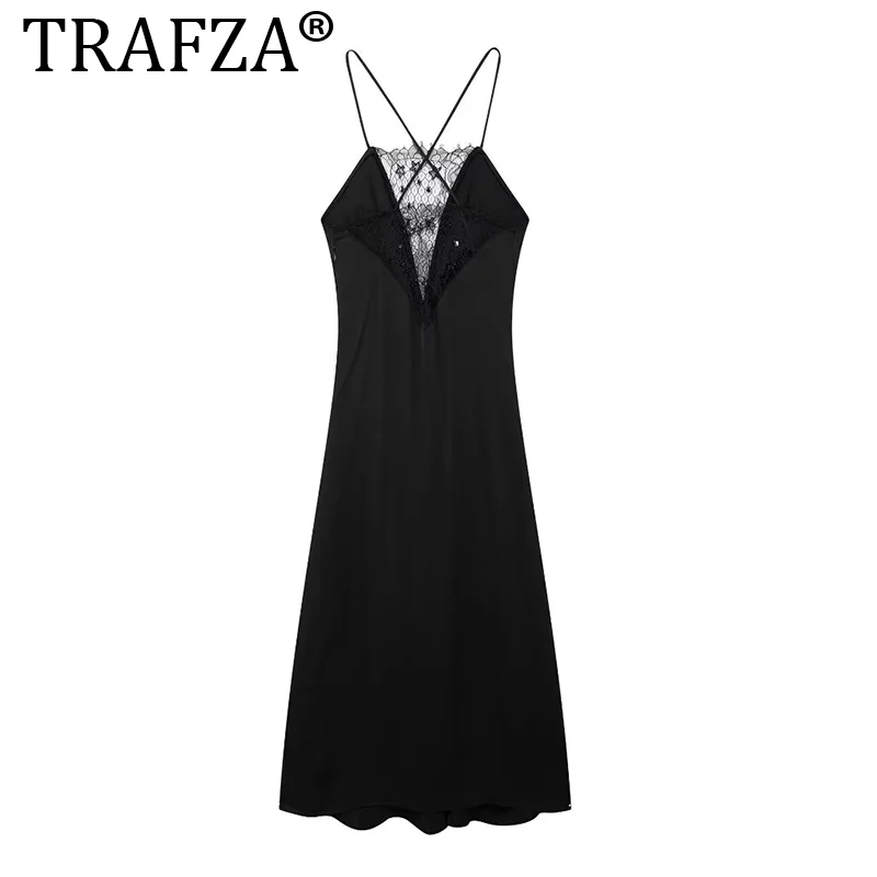 TRAFZA Female Beach Style Sexy Long Dress Black Sleeveless Backless Lace Decorate Zipper Summer Dresses Woman 2024 Trendy