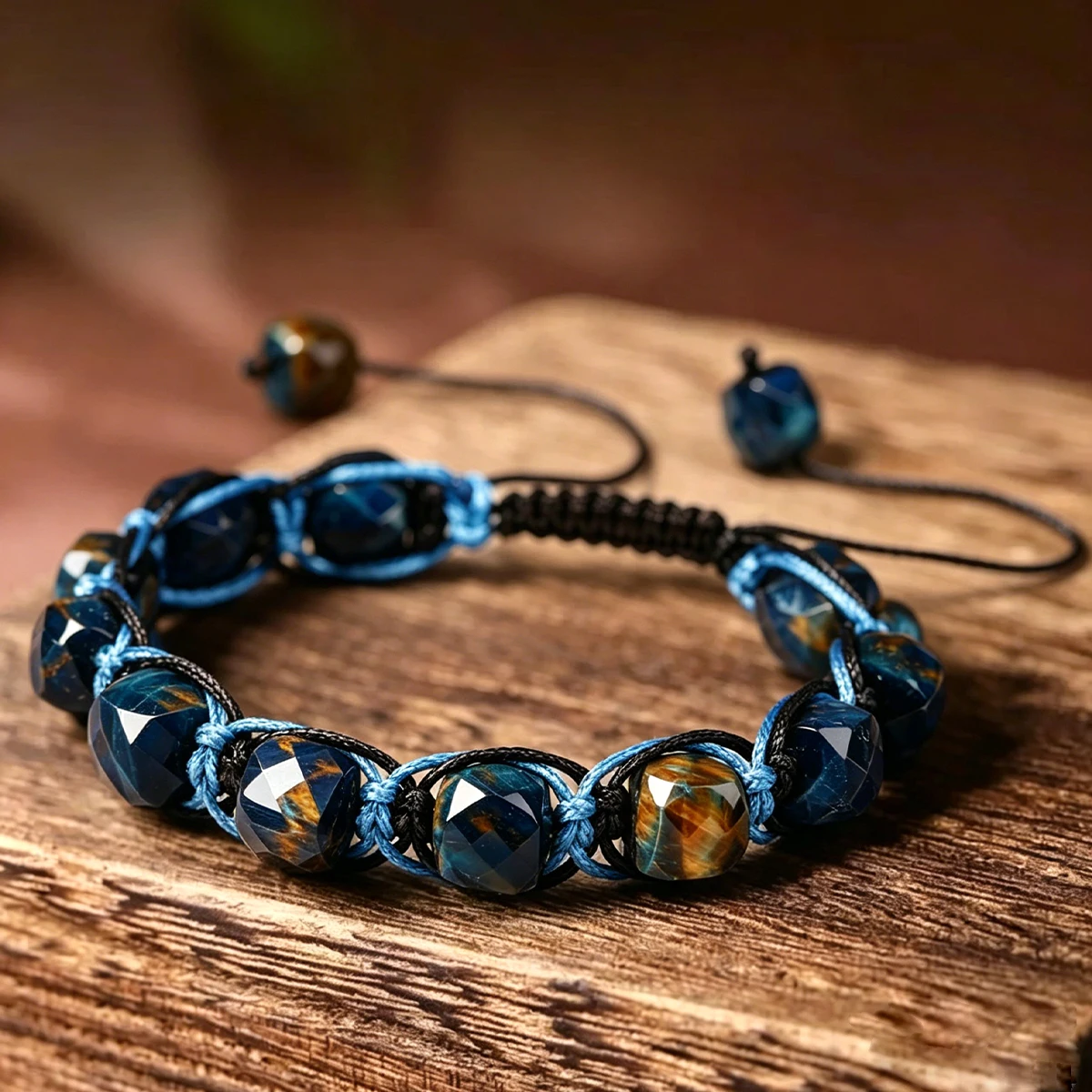 Men Natural Blue Tiger Eye Braided Adjustable Bracelet Faceted Protection Crystal Jewelry Gift Male Businessman Father