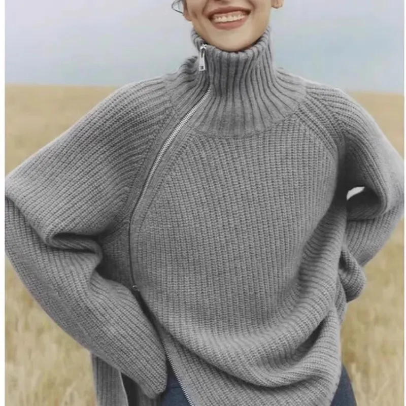 2025 Autumn/Winter New Women's High-Neck 100%Cashmere Sweater with Side Zipper Loose Wool Knit Thick Sweater