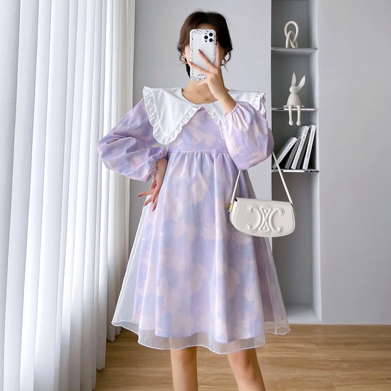 Autumn Plus Size Women\'s Floral Dress Sweet Peter Pan Collar Long Lantern Sleeve Maternity Purple Dress Pregnancy A-line Dresses