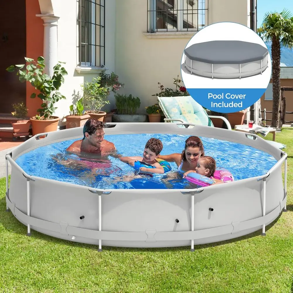 Piscina sobre el suelo con estructura de acero de 12 pies x 31,5 pulgadas con cubierta, piscina duradera para patio trasero