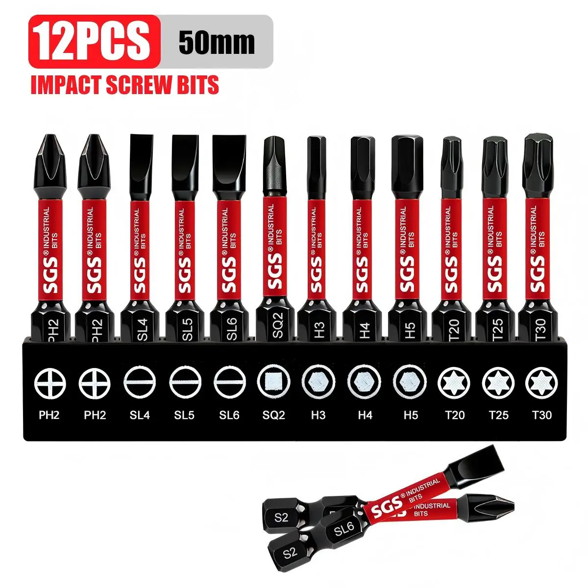 Magnetisches 12-teiliges Set mit Ph2/Sl/Sq2/H/Torx-Schraubendreher-Bits in Industriequalität, 50 mm Set – verschleißfeste Bohrer aus S2-Legierungsstahl, geeignet für Schlagbohrmaschinen/elektrische