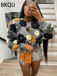 BKQU 2023 Autumn Cropped Jacket Coats Women Y2K 3D Flower Patchwork Loose Long Sleeve Jackets Single-breasted Cardigan Outerwear