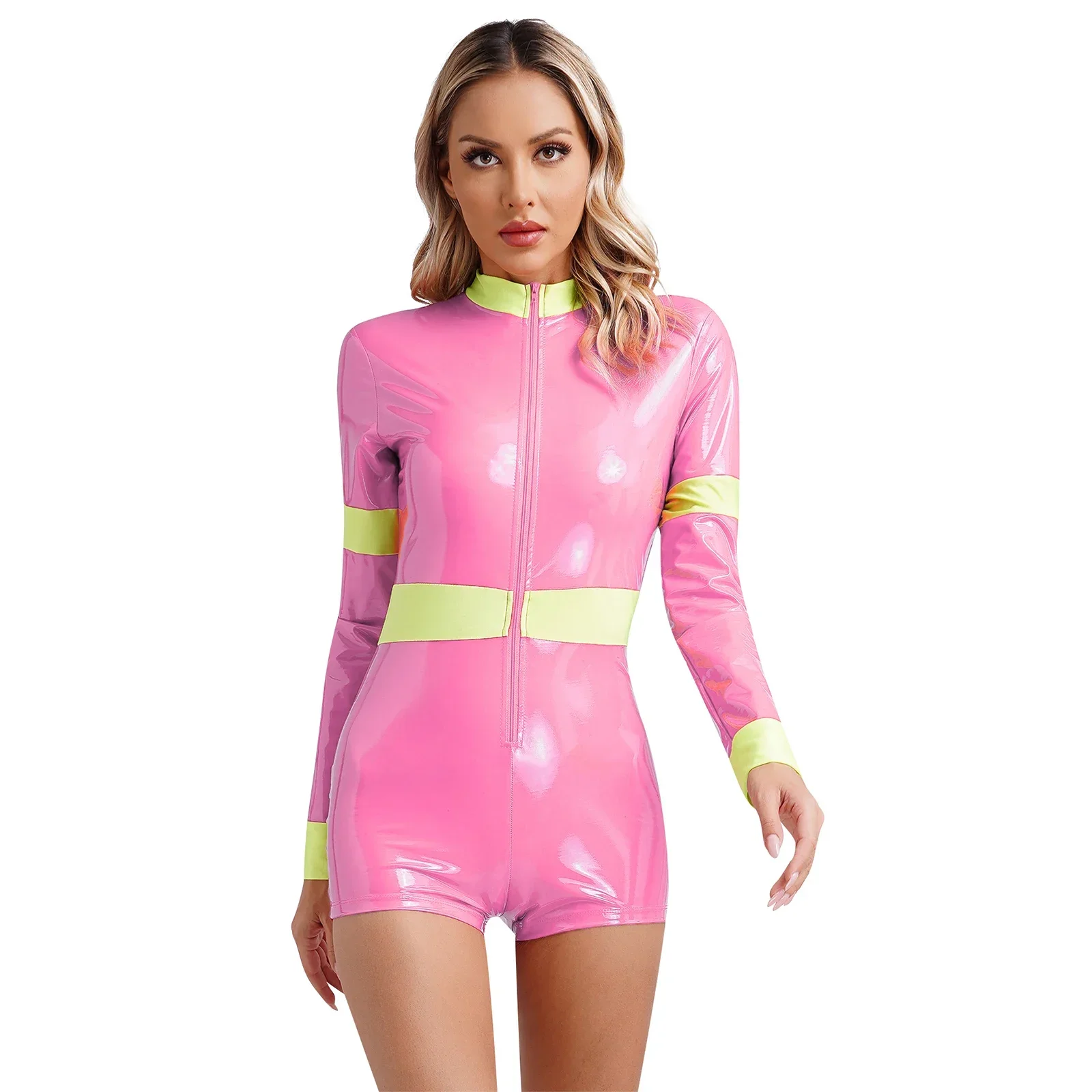 Women Faux Latex Playsuits Long Sleeve Shiny Patent Leather Jumpsuits Splicing Contrasting Colors Stretch PU Bodycon Bodysuits