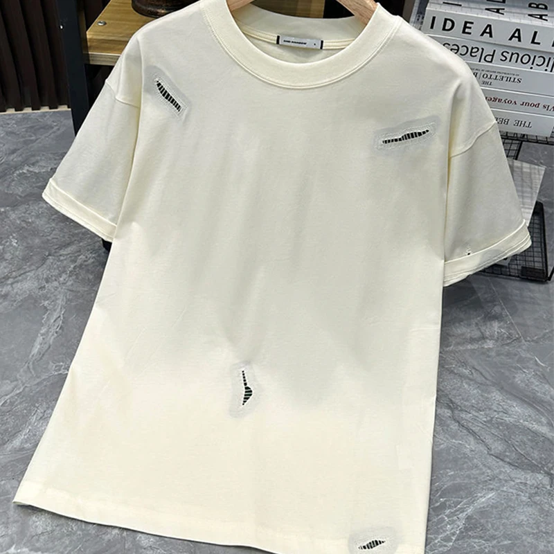 Patch Striped Print Short Sleeve Men O Neck T Shirts Cotton Couple Fashion Casual All-match Summer Clothing Black White Apricot