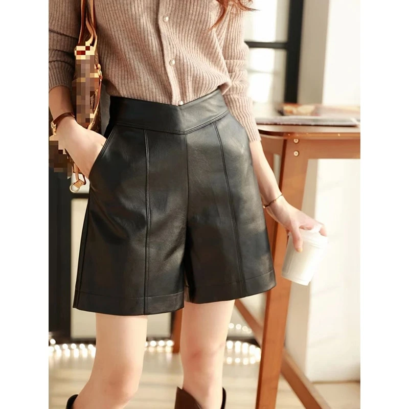 

Осенне-зимние женские кожаные брюки из овчины с высокой талией, широкими штанинами, прямые, повседневные, модные, укороченные, с эффектом похудения