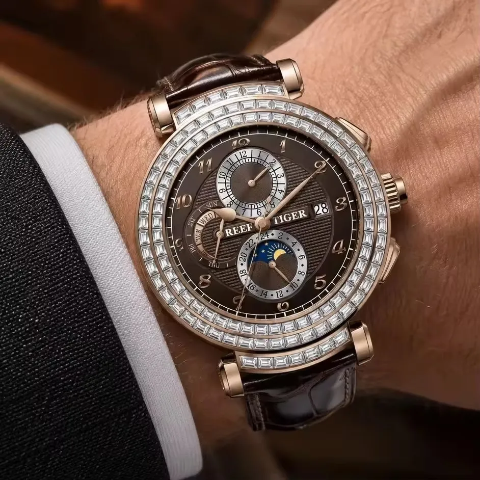 Reef Tiger Luxury Men's Mechanical Watch Rose Gold Date Display Moon Phase 24H Function Leather Strap Business Dress Wristwatch